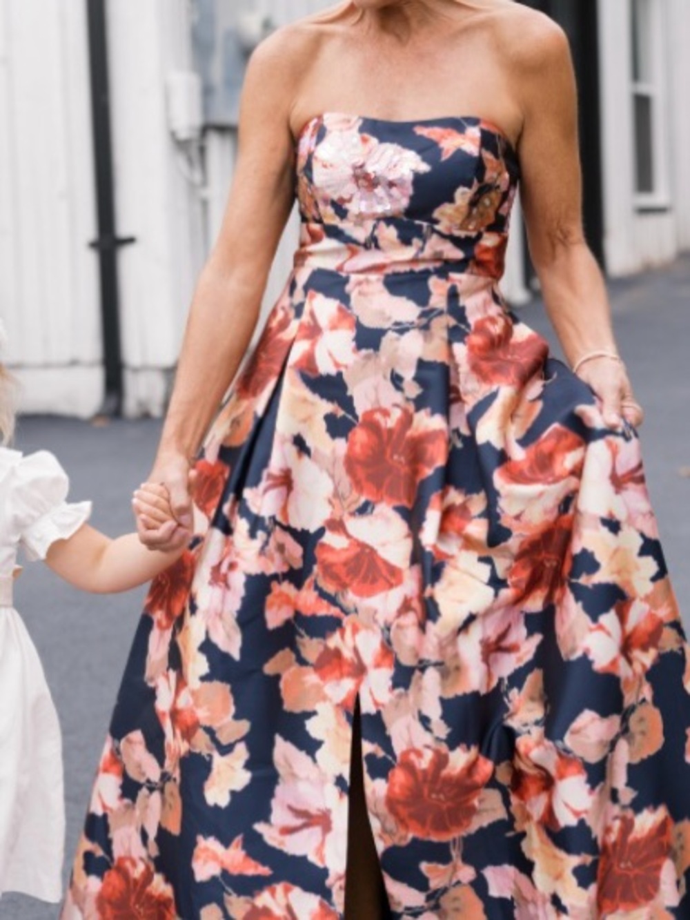 Sachin + Babi Navy Strapless Floral Ball Gown with Red, Pink, and Cream Blooms - Picture 3 of 3
